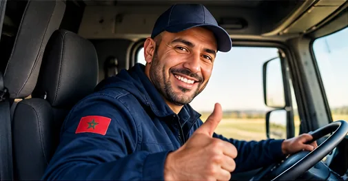 Lächelnder Lkw-Fahrer im Führerhaus hebt den Daumen
