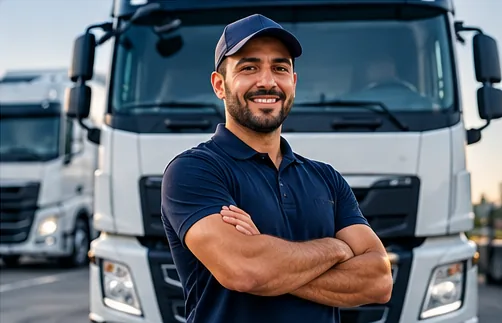 Lkw-Fahrer mit verschränkten Armen vor einer Zugmaschine