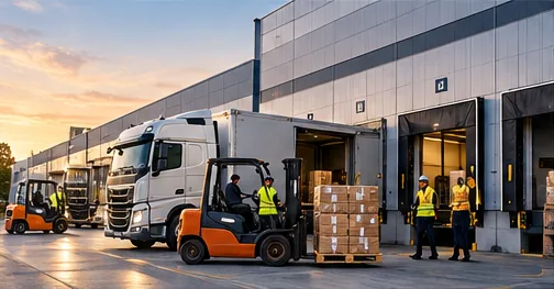 Lkw an der Laderampe eines Logistikzentrums, Mitarbeitende mit Warnwesten und Gabelstapler