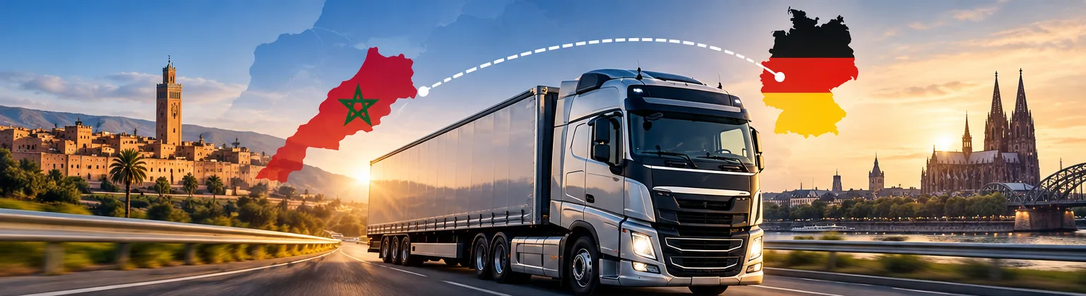 Silberner Sattelzug auf der Autobahn bei Sonnenuntergang, darüber die Umrisse von Marokko und Deutschland, verbunden durch eine gestrichelte Linie